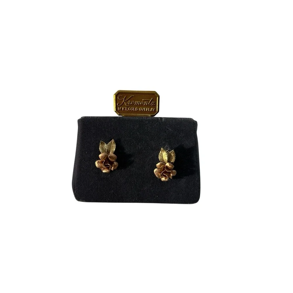 Vintage Krementz 14 KT Gold Overlay Rose Screw Back Earring Necklace Pendant Set - Picture 3 of 7